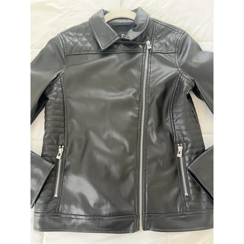 Art Class Girls Moto Jacket Black Faux Leather Full Zip Collared Pockets Size XL